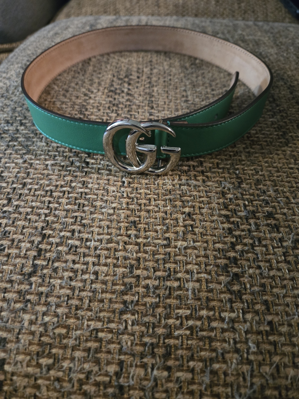 Gucci Kids Green Leather Belt with Silver Double G Buckle